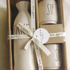 Rae Dunn SAKE Pitcher SIP Cups Glossy White Cerami